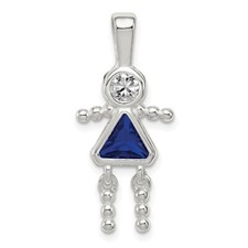 Sterling Silver Rhodium CZ and Birthstone Blue September Glass Girl Pendant