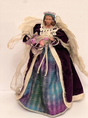 Gorgeous 1980s Angel Tree Topper 15'' African/American, Feathers, Burgundy Gold