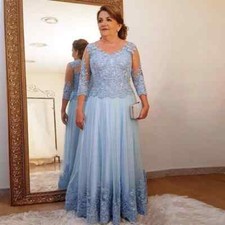 Plus Size Mother of the Bride Dress Light Blue Lace 3/4 Long Sleeves Prom Gowns