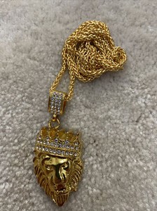 Authentic Mighty Lion Iced Crown Cz Pendant 24" Chain 14k Gold Plated Hip Hop Jewelry