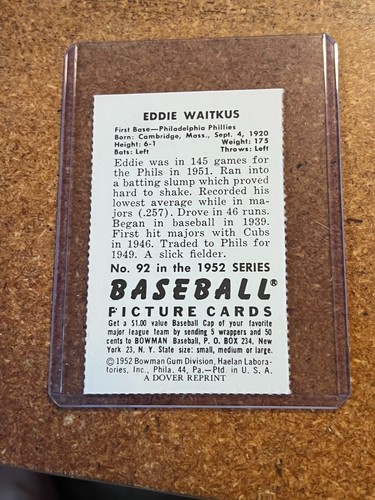 1977 Dover Publications 1952 Bowman Reprint # 92 Eddie Waitkus - Picture 6 of 6