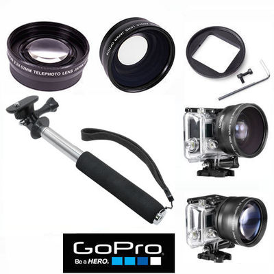 FISHEYE MACRO LENS + TELEPHOTO ZOOM LENS + MONOPOD FOR GOPRO HERO FIT ALL MODELS