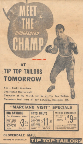 1956 Original Rocky Marciano 'Meet The Champ' Tip Top Tailors Toronto  Print Ad - Picture 1 of 1