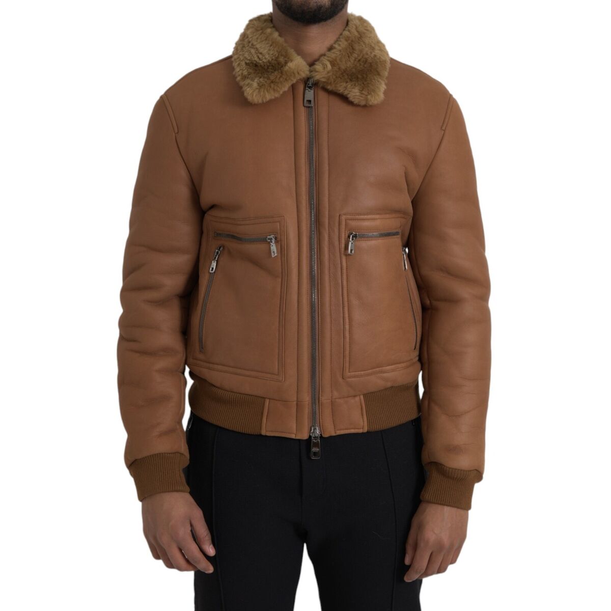 DOLCE & GABBANA Jacket Brown Leather Fur Button Biker Coat DOLCE & GABBANA Jacket Brown Leather Fur Button Biker Coat