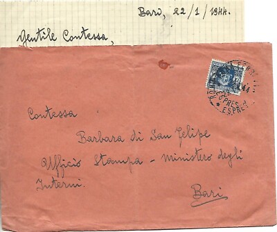 1944 10L TAX STAMP USED AS ORDINARY FRANC ISOLATED ON ENVELOPE FROM BARI X DISTRE