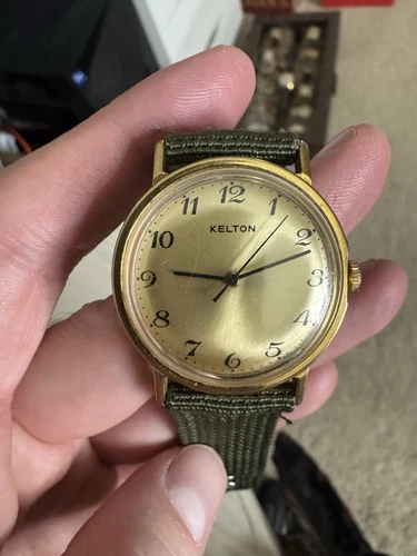 Vintage KELTON Mens 34.5mm Mechanical Hand Wind Watch Gold Case Dial