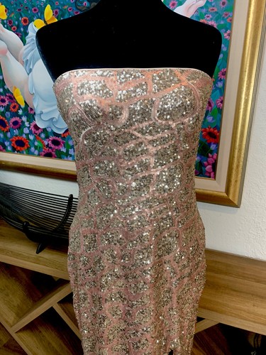 Bebe Gold Bronze Pailletten Trägerlos Langes Kleid US L Body Con Lycra Stretch