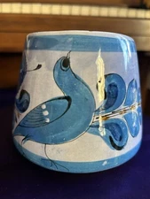 Pottery Tonala Mexican Large Coffee Mug With Handle Bird Design Blue