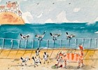 ACEO Original  watercolor Painting OOAK funny cats feline ,seagulls, signed