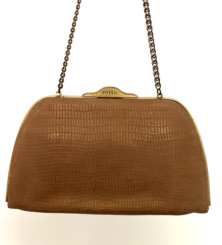 FOSSIL Women's Cowhide Leather Clutch Shoulder Dress Bag Croc Embossed Tan Brown - Picture 13 of 23
