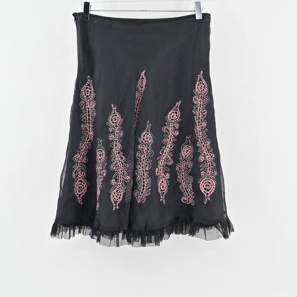 Vtg CAROLE LITTLE Skirt Size 8 Black Silk Pink Embroidered Tulle Witchy ALine - Image 3 of 4