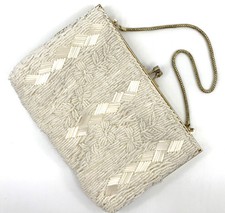 Evening Bag Purse 5in Ivory Glass Beaded Hong Kong Metal Frame Wedding Formal