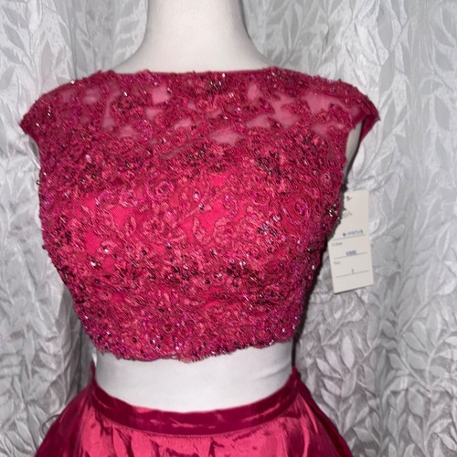SHERRI HILL hot pink two piece set size 2 fit to flair beaded open back lace top - Picture 2 of 18
