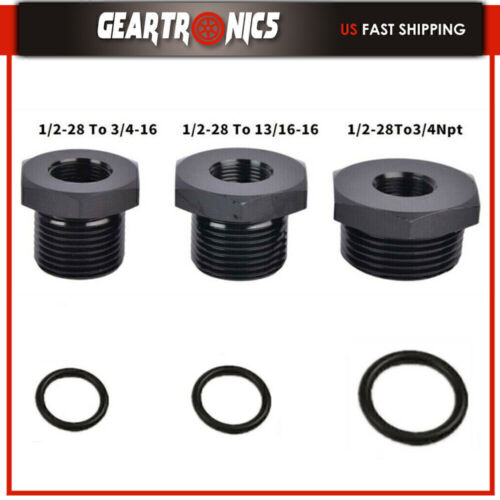 Black 1/2-28 to 3/4-16, 13/16-16, 3/4 NPT Thread Oil Filter Adapters Set - Picture 2 of 13