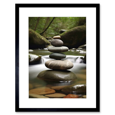 Zen Massage Stein Wasserfall Fluss Natur Schönheitssalon gerahmter Kunstdruck 12x16