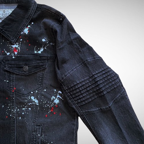 NWT Men’s Jeanius Akademiks Graphite Paint Splatter Jean Jacket, Size L - Picture 11 of 15