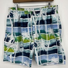 No Bad Days Swim Trunks Men's L Blue Green Palm Trees Mesh Mesh Lined 9"