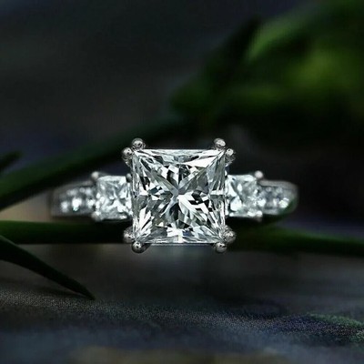 2Ct Real Moissanite Three Stone Engagement Wedding Ring 14k White Gold Plated