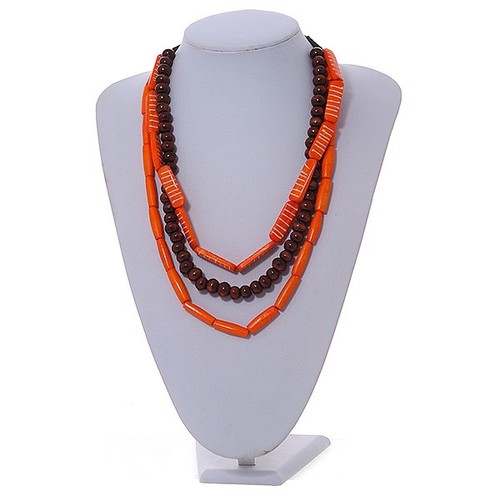Collar de cordón de cuentas de madera en capas de 3 hilos en naranja/marrón - 44 cm hasta 56 cm - Imagen 2 de 6