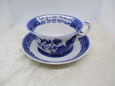 Rare Antique Buffalo Pottery Blue Willow Breakfast Cup & Saucer - Auld Lang Syne