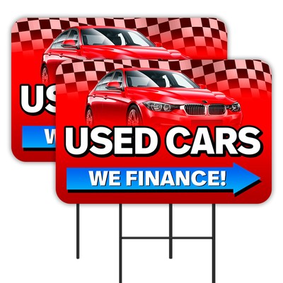 Used Cars 2 Pack Double-Sided Yard Signs 16'' x 24'' with Metal Stakes (Made in Te