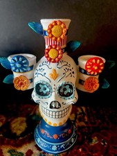 Ceramic Day of the Dead "Sugar Skull" 3-Arm Candelabra D&iacute;a de Muertos 7.25"x6"