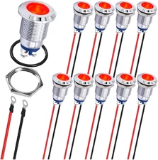 10Pcs Red Indicator Light 12Mm 1/2" Waterproof IP67 Metal Signal Lamp 12V 24V AC