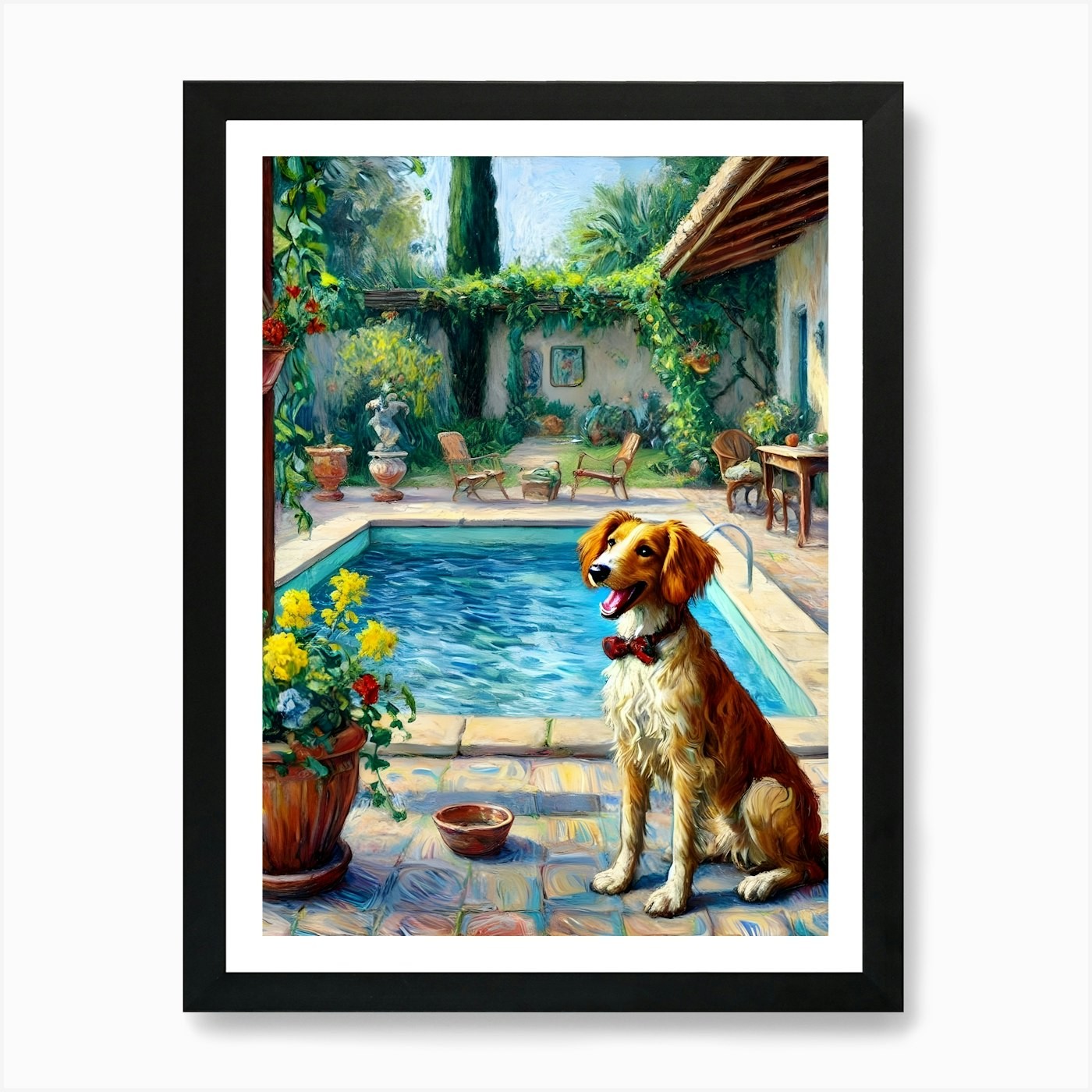 Dog by the Pool Framed Canvas Wall Art Print Poster Picture