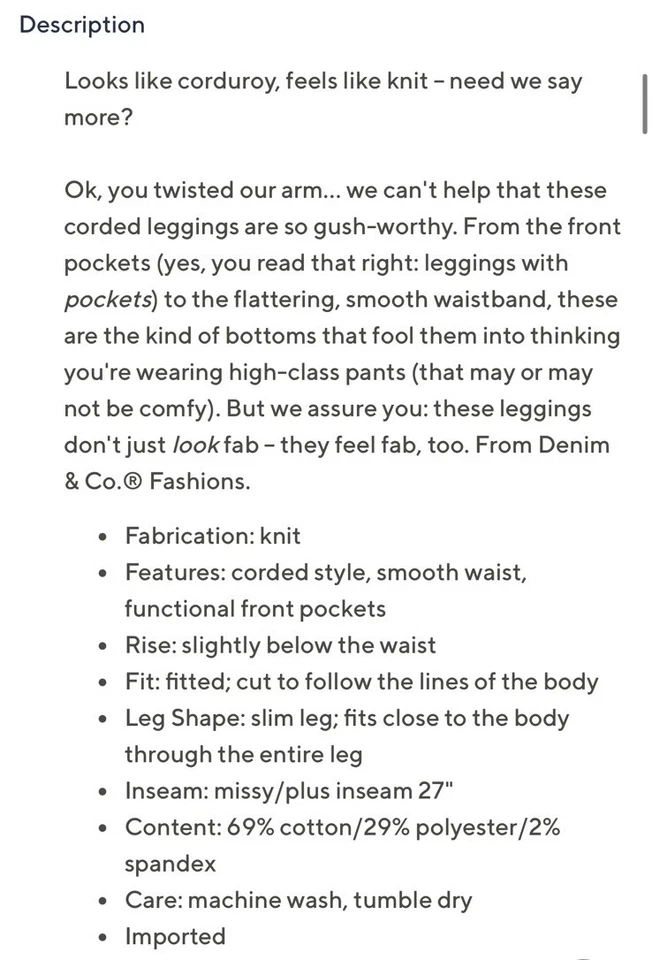 Denim & Co Regular Smooth Waist Knit Cord Leggings Size L Gray NEW - Image 4 of 4