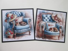 2  x LADIES CHAIR WITH NAPPING KITTEN -- 5.5 X 5.5 --  Hand Made Card Toppers