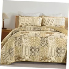 Patchwork Quilt Set Size Plaid Reversible Bedspread Coverlet Set 3 Queen Brown