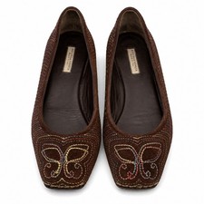 Vintage Bottega Veneta Brown Suede Butterfly Embroidered Ballet Flats EU36 Italy