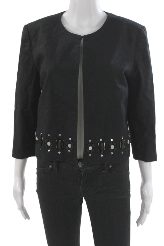 Oscar de la Renta Women Black Linen Blend Jacket Hook & Eye 3/4 Sleeve Size 14
