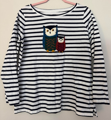 Talbots Plus Black White Stripe Long Sleeve Owl Friends Applique Top XL Cotton