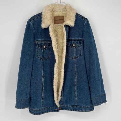 Vtg Liz Claiborne Trucker Jacket Womens L Denim Sherpa Long Boho Barn Coat - Picture 2 of 8