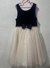 American Princess Girls Holiday Dress Sz 8 Blue Velour Beige Tulle Skirt Pearls