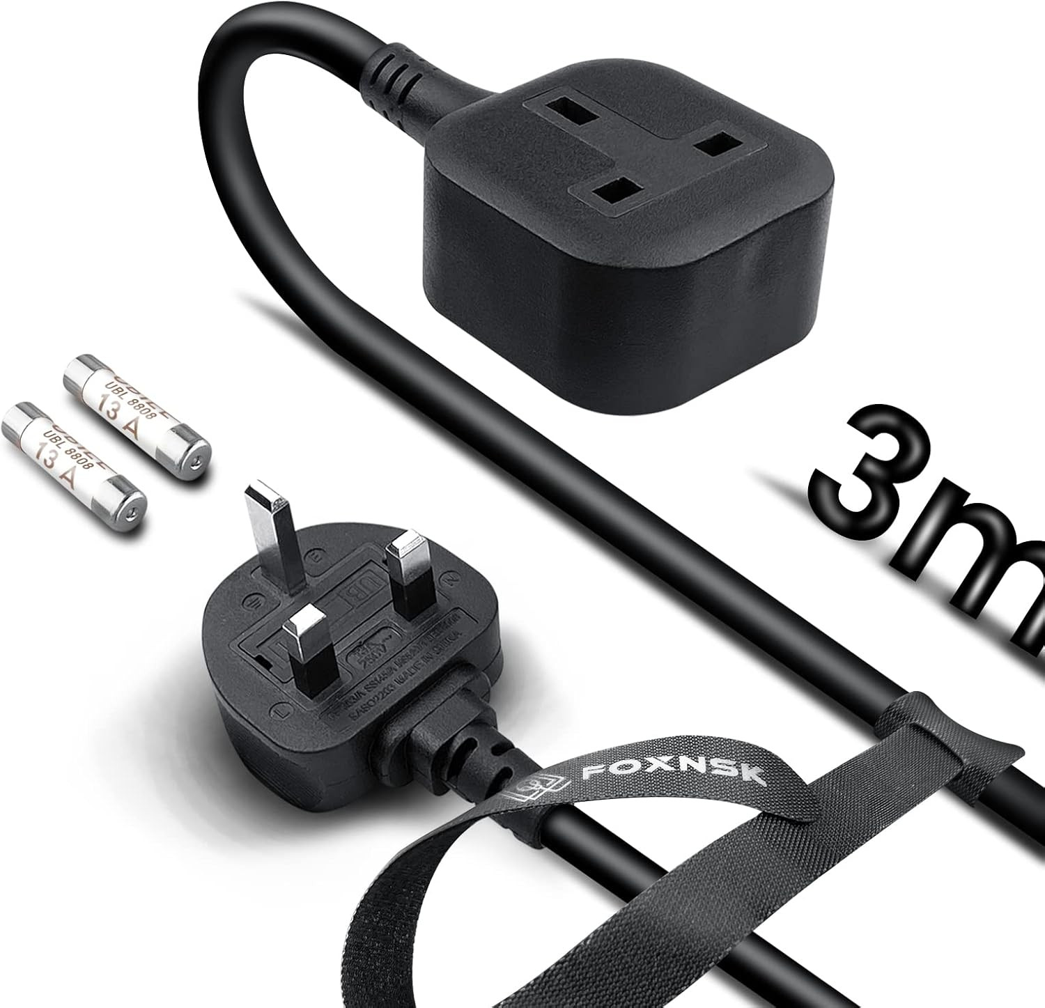 Single Extension Lead 3M, 1 Way Gang Plug Socket Surge Protected, 13Amp 250V 3Kw