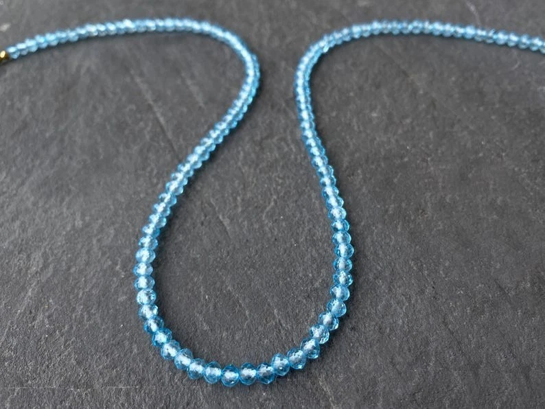3-4MM A++ Blue Topaz Faceted Round Gemstone Beads Handmade Women Necklaces 18'' - Image 2 of 4