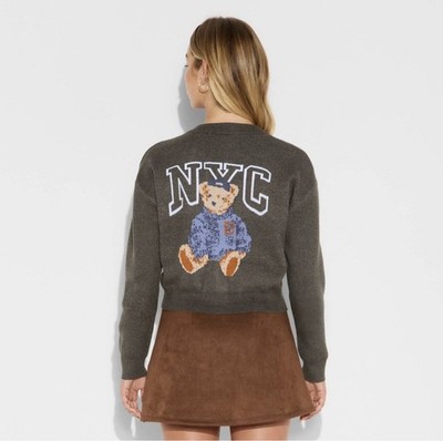 Y2K Dark Academia NYC Bear Cropped Cardigan Preppy Varsity Grayson Threads L A24