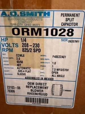 A.O. Smith ORM1028 1/4 HP 208-230V 825 RPM 2-Speed Rheem Blower Motor