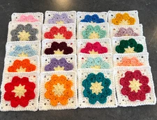 Lot of 20 5" Assorted Colors RAISED FLOWER Granny square Blocks Crochet Afghan