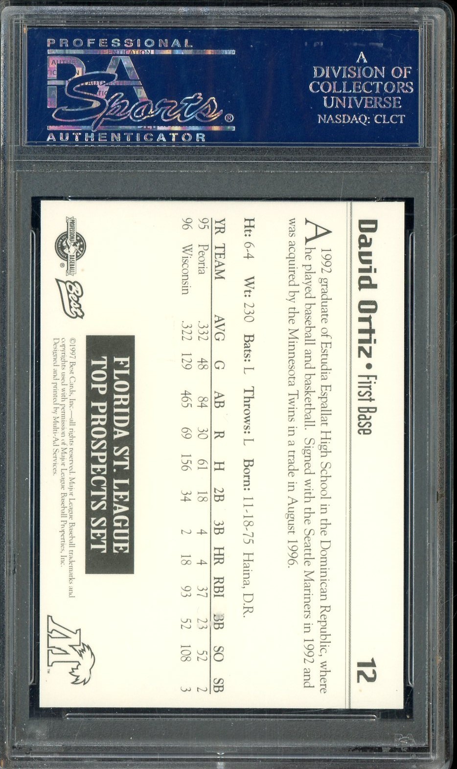 1997 Best Florida ST. League Top Prospects #12 David Ortiz RC HOF PSA 10 view 2