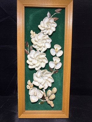Vintage MCM Framed High-Relief Shell Art 3D Floral Green Velvet 11x5 