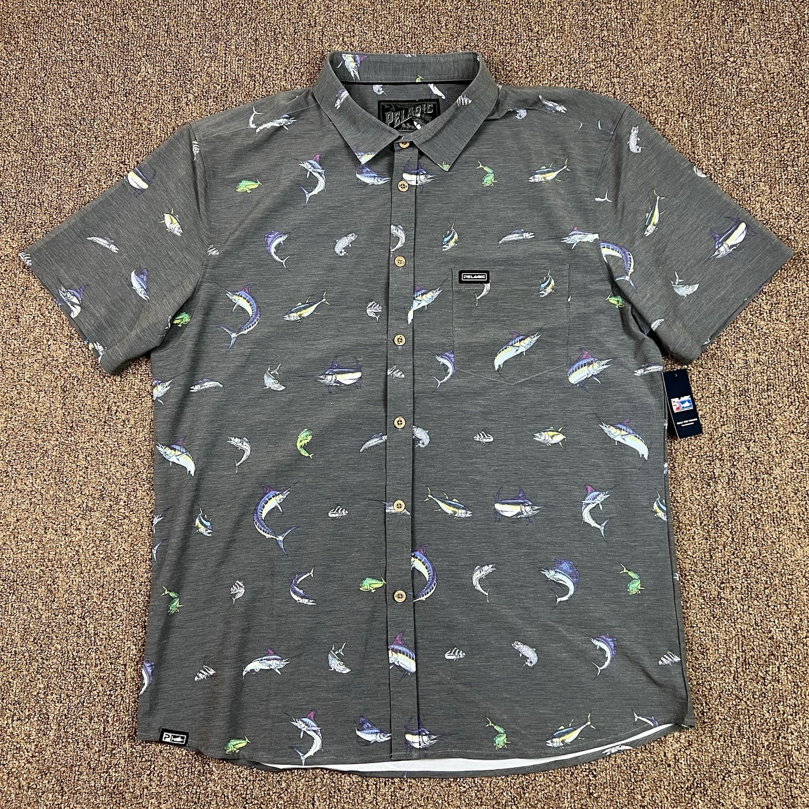 Pelagic Dockside Gamefish Stretch Woven Shirt Short Sleeve Charcoal Men's XL