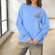 Vtg 80's-90's JERZEES Blue Relaxed Sweatshirt Butterflies Floral Grandmacore XL