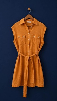 Mango Leinen Hemdblusenkleid orange ärmellos Gürtel Utility Taschen Gr. M