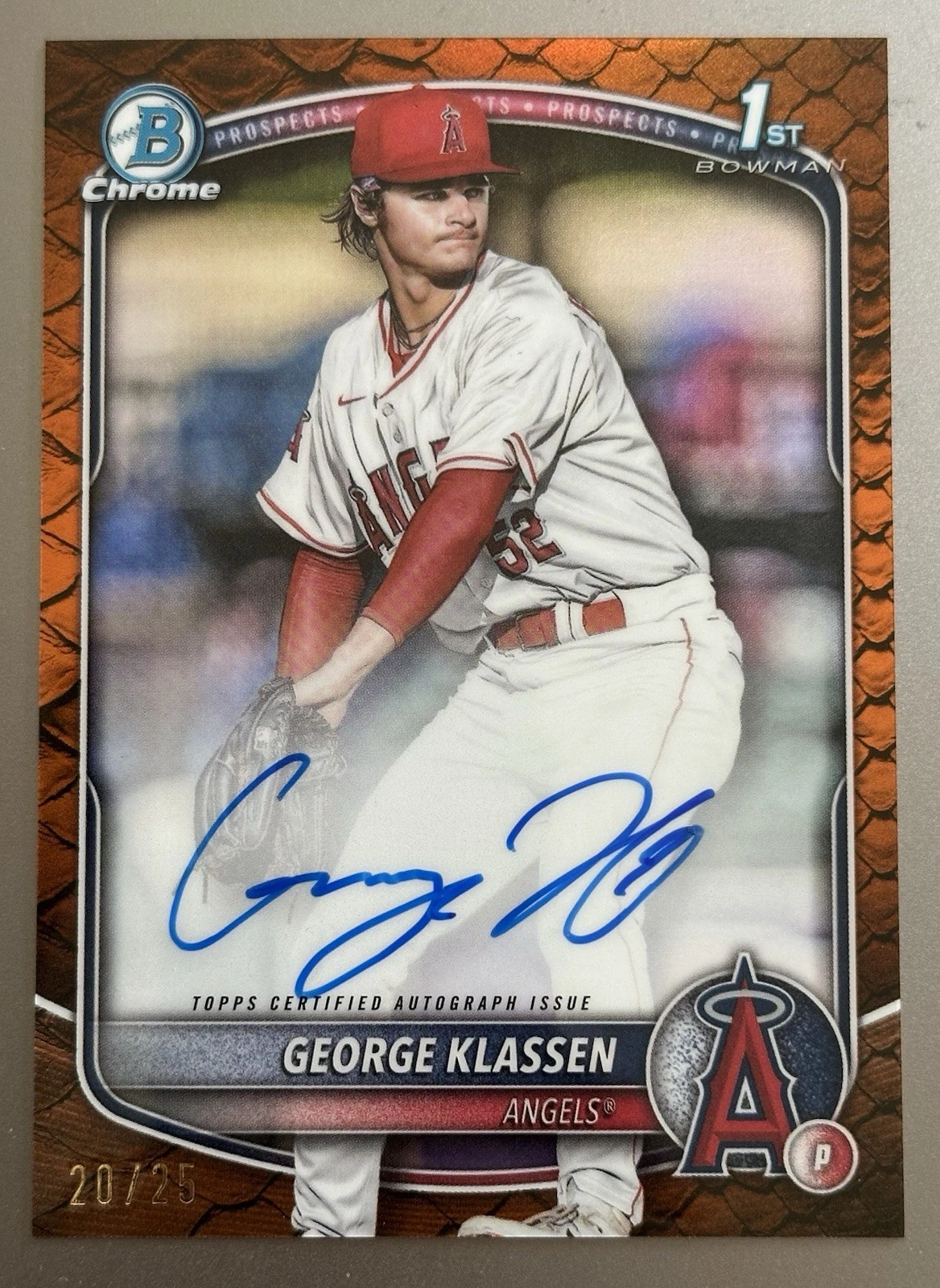 2025 Bowman Chrome George Klassen 1st Orange Reptilian Auto /25 Angels