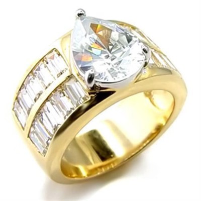 Women's Cocktail Ring, Clear CZ, 14K Gold & Rhodium Plated, Brass, Elegant Style
