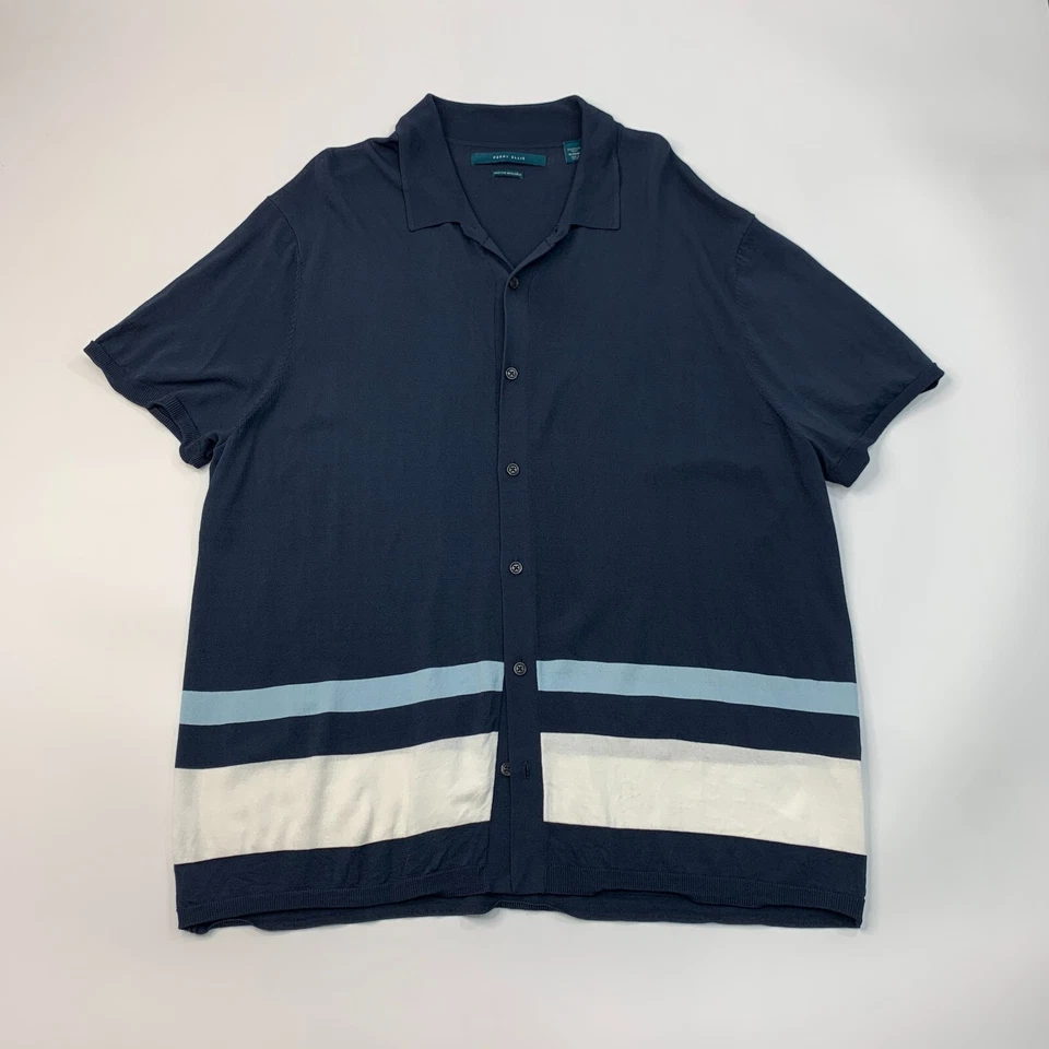 Camisa Perry Ellis Para Hombres XL Extra Grande Azul Marino Viscosa Nylon Mezcla Abotonada Foto 2 de 4