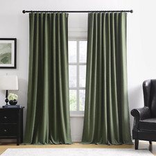 Dark Olive Green Blackout Curtains 96 Inch Long with Hooks 2 Panels Set, Back Ta